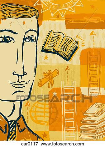 Collage of a man with an open book, a pen, ladders, a diploma and a stack of books View Large Illustration Stock Illustration - Collage of a man with an open book, a pen, ladders, a diploma and a stack of books. Fotosearch