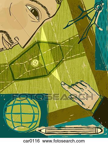 Stock Illustration - Collage of a mans hand pointing toward another man, with a pencil, compass and globe as background. Fotosearch