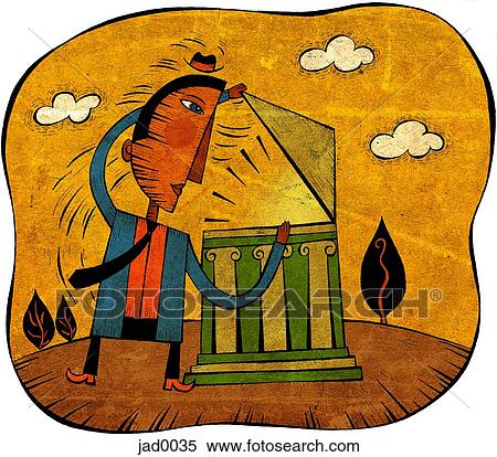 Stock Illustration - Businessman lifting the roof of a bank while he peeks inside. Fotosearch