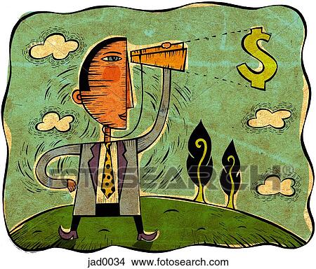 Stock Illustration - Businessman looking at a dollar sign through a telescope. Fotosearch
