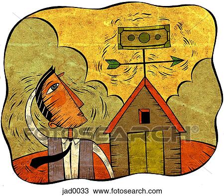 Businessman looking at house with a weathervane that has money attached to it View Large Illustration Drawing - Businessman looking at house with a weathervane that has money attached to it. Fotosearch