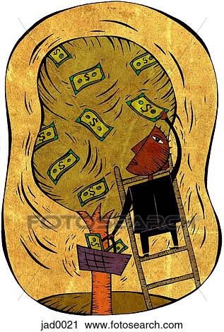 Businessman on ladder collecting banknotes from a tree View Large Illustration Clip Art - Businessman on ladder collecting banknotes from a tree. Fotosearch