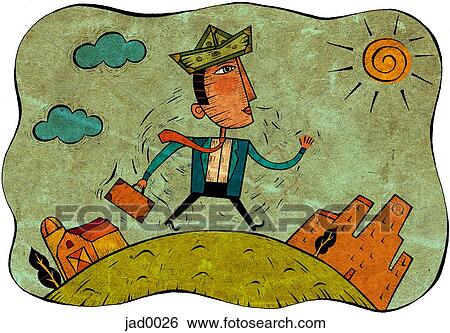 Businessman wearing a money hat, walking to work in the city View Large Illustration Stock Illustration - Businessman wearing a money hat, walking to work in the city. Fotosearch