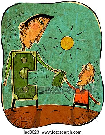 Man with a banknote as his body cuts out a piece to give to his son View Large Illustration Drawing - Man with a banknote as his body cuts out a piece to give to his son. Fotosearch