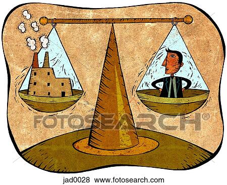 Scales with a businessman on one side and a factory building on the other View Large Illustration Stock Illustration - Scales with a businessman on one side and a factory building on the other. Fotosearch