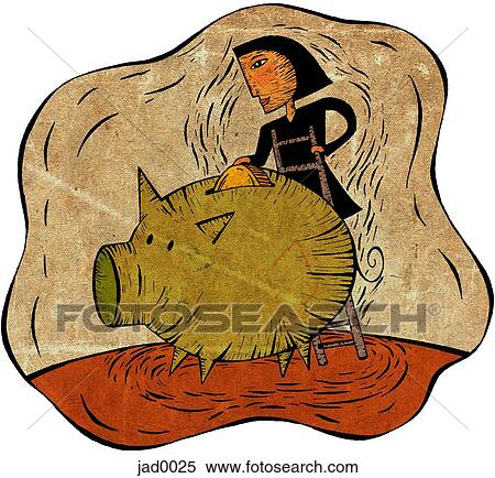 Stock Illustration - Woman on a ladder putting a coin into a giant piggy bank. Fotosearch