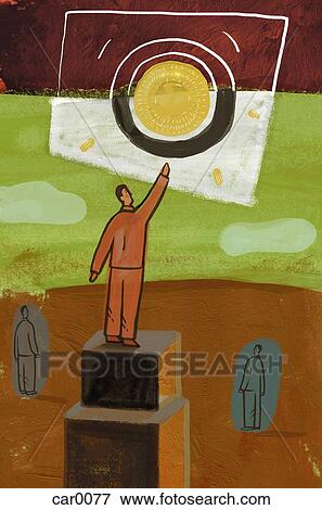 Stock Illustration - Man standing on a pedestal and reaching out for the sun through a window. Fotosearch