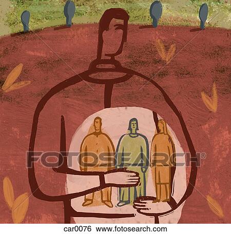 Outline of a man holding three small people View Large Illustration Stock Illustration - Outline of a man holding three small people. Fotosearch
