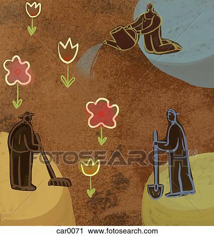 Outline of three gardeners tending flowers View Large Illustration Clip Art - Outline of three gardeners tending flowers. Fotosearch