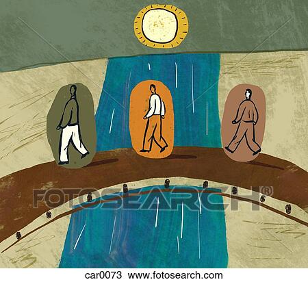 Drawing - Three men crossing a bridge over a river. Fotosearch