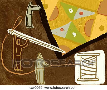 Three people sewing a large quilt View Large Illustration Stock Illustration - Three people sewing a large quilt. Fotosearch