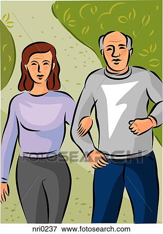 Stock Illustration - An elderly couple walking hand in hand along a path in the park. Fotosearch