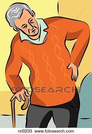 Drawing - An elderly man with a cane holding his back as he stands from his chair. Fotosearch