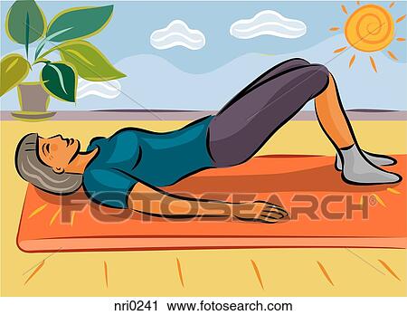 Clip Art - An elderly woman stretching her back doing a yoga pose. Fotosearch