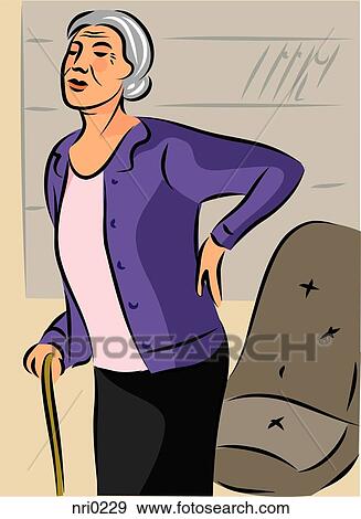 Stock Illustration - An elderly woman with a cane, holding her back as she stands from her chair. Fotosearch