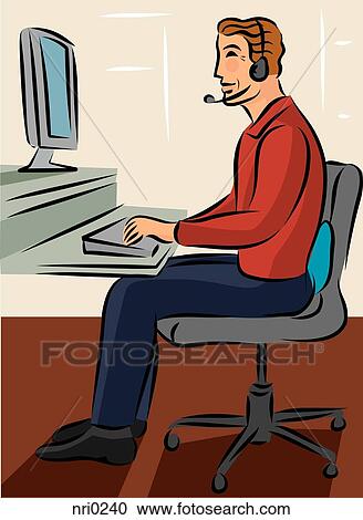 Clipart - Man using a lumbar cushion while talking on a headset and working on a computer at his desk. Fotosearch