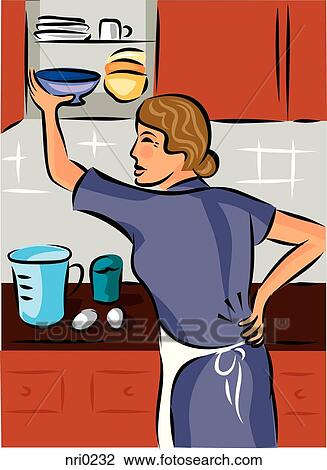 Woman holding her back while putting dishes away in the cupboard View Large Illustration Drawing - Woman holding her back while putting dishes away in the cupboard. Fotosearch
