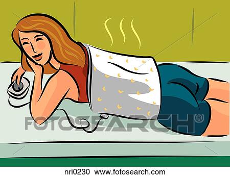 Woman using a heat pad on her back while lying down View Large Illustration Clipart - Woman using a heat pad on her back while lying down. Fotosearch