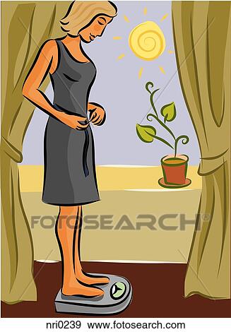 Stock Illustration - Woman weighing herself on scales. Fotosearch