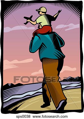 Stock Illustration - A boy sitting on his father's shoulders. Fotosearch