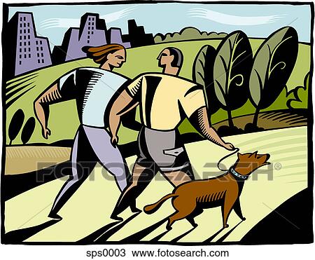 A couple walking through a park with a dog View Large Illustration Drawing - A couple walking through a park with a dog. Fotosearch