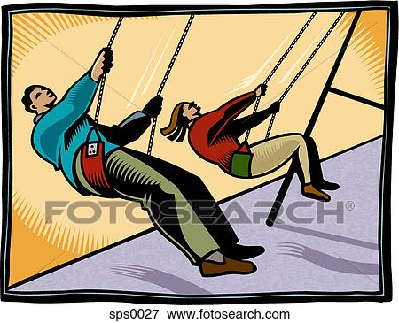 Stock Illustration - A man and a woman playing on a swing set. Fotosearch