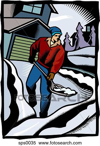 A man shovelling snow in front of a house View Large Illustration Stock Illustration - A man shovelling snow in front of a house. Fotosearch