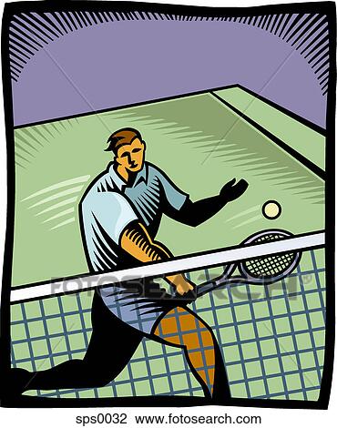 Drawing - A tennis player playing in a match. Fotosearch