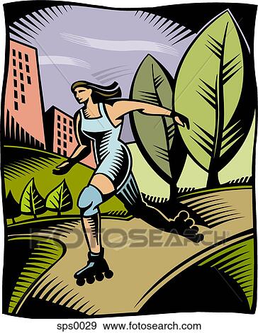 Stock Illustration - A woman rollerblading in a park. Fotosearch