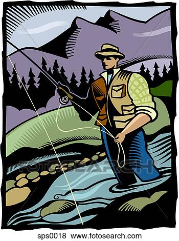 A man fly fishing in a river View Large Illustration Stock Illustration - A man fly fishing in a river. Fotosearch