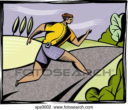 A man jogging while wearing an mp3 player View Large Illustration Drawing - A man jogging while wearing an mp3 player. Fotosearch