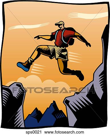A man jumping over a crevasse View Large Illustration Clip Art - A man jumping over a crevasse. Fotosearch