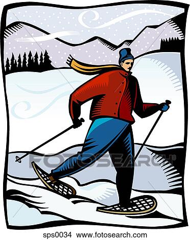 Stock Illustration - A man snowshoeing on a snowy mountain. Fotosearch