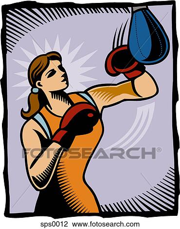 A woman boxing a punch bag View Large Illustration Drawing - A woman boxing a punch bag. Fotosearch