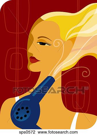 Drawing - A woman blow drying her hair. Fotosearch