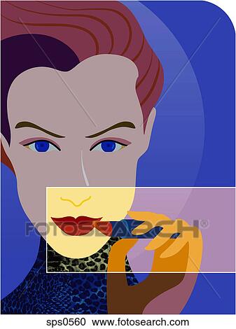 Clipart - A woman putting on lipstick. Fotosearch