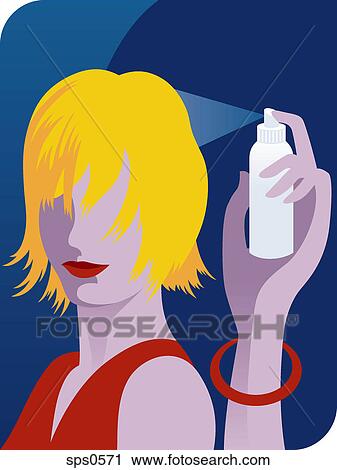 Clip Art - A woman setting her hair with hairspray. Fotosearch