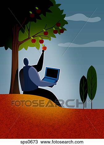 A businessman picking apples from a tree View Large Illustration Drawing - A businessman picking apples from a tree. Fotosearch