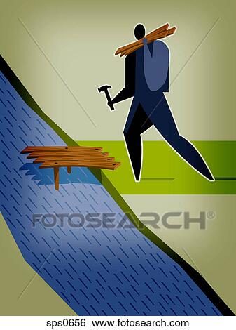 A man building a bridge to get over water View Large Illustration Stock Illustration - A man building a bridge to get over water. Fotosearch