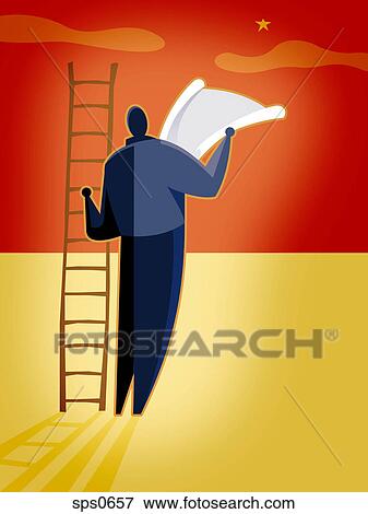 Stock Illustration - A man figuring out how to reach a star in the sky. Fotosearch
