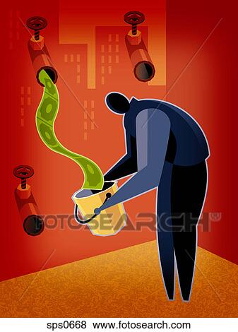 Stock Illustration - A man filling a bucket with money from a pipe. Fotosearch