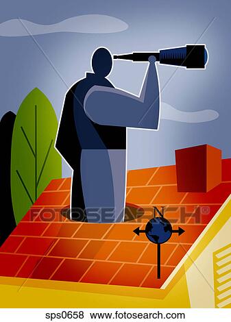 Stock Illustration - A man looking through a telescope from the roof of a house. Fotosearch