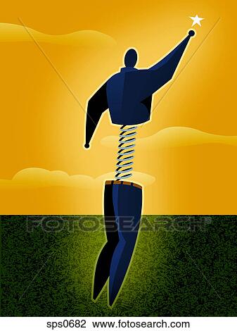 A man on a spring reaching for a star View Large Illustration Drawing - A man on a spring reaching for a star. Fotosearch