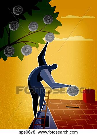 Stock Illustration - A man putting money into a house. Fotosearch
