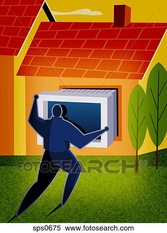 Stock Illustration - A man trying to install a computer. Fotosearch