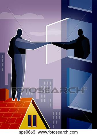 Two men shaking hands through a window View Large Illustration Drawing - Two men shaking hands through a window. Fotosearch