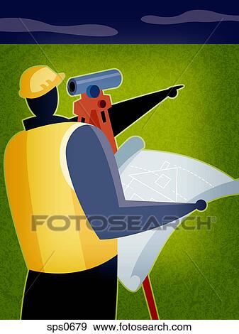 Stock Illustration - A builder looking at a site and holding house plans. Fotosearch