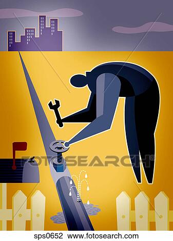 A man fixing a leaky pipe View Large Illustration Drawing - A man fixing a leaky pipe. Fotosearch