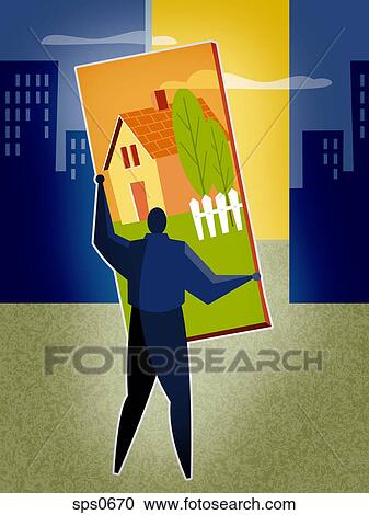 A man putting a house in the middle of a city View Large Illustration Clipart - A man putting a house in the middle of a city. Fotosearch