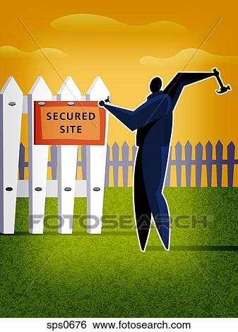 Stock Illustration - A man putting up a secured site sign. Fotosearch